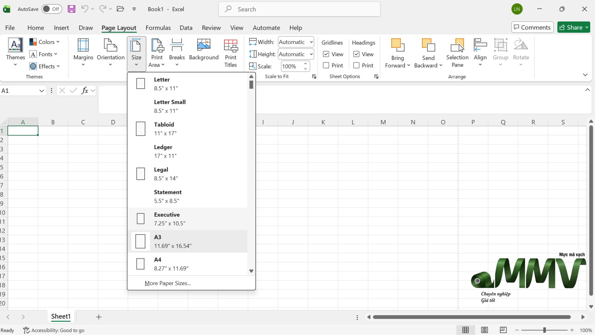 Đặt cỡ giấy A3 trong Excel