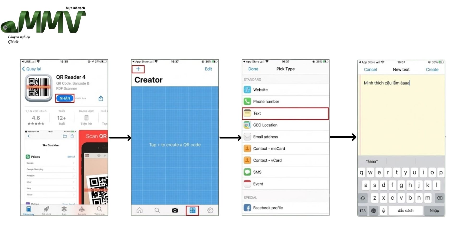 Tạo mã QR "anh yêu em" trên điện thoại iphone