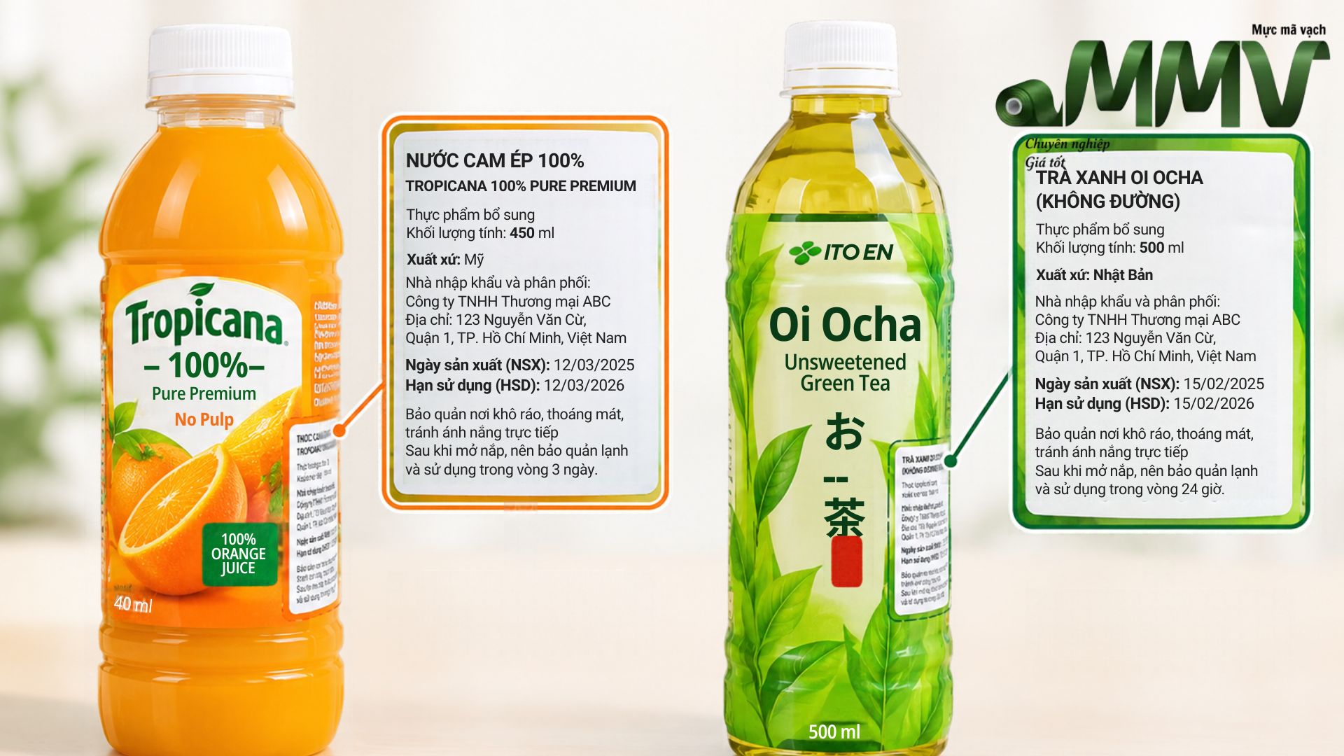 Mẫu tem phụ nước hoa quả, nước giải khát đóng chai.
