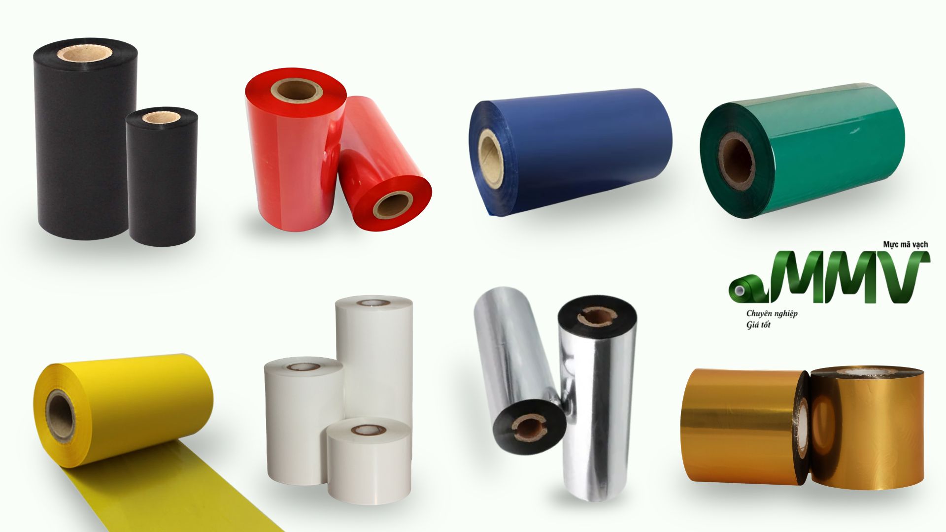 Mực in màu ribbon có những màu đen, đỏ, xanh dương, xanh lá, vàng, trắng, bạc, vàng